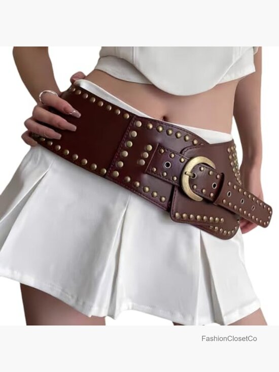 Vintage Studded Rivets Wide Faux Leather Belt Western Chunky Waist Y2k Grunge main image 7